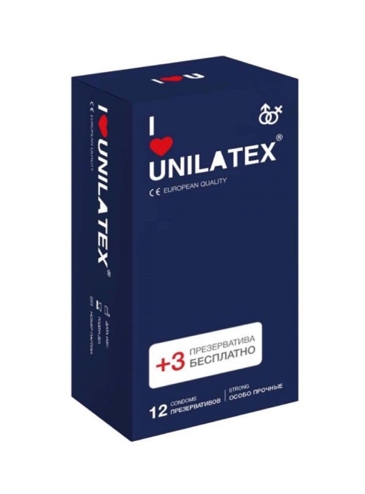 Презервативы Unilatex Extra Strong, латекс, 19 см, Ø 5,4 см, 12 шт + 3 шт в подарок (арт. 3022Un)	