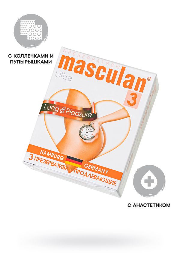 Презервативы Masculan, ultra 3, латекс, кольца, точечные, анестетик, 19 см, 5,3 см, 3 шт ( арт. 310, 11959)