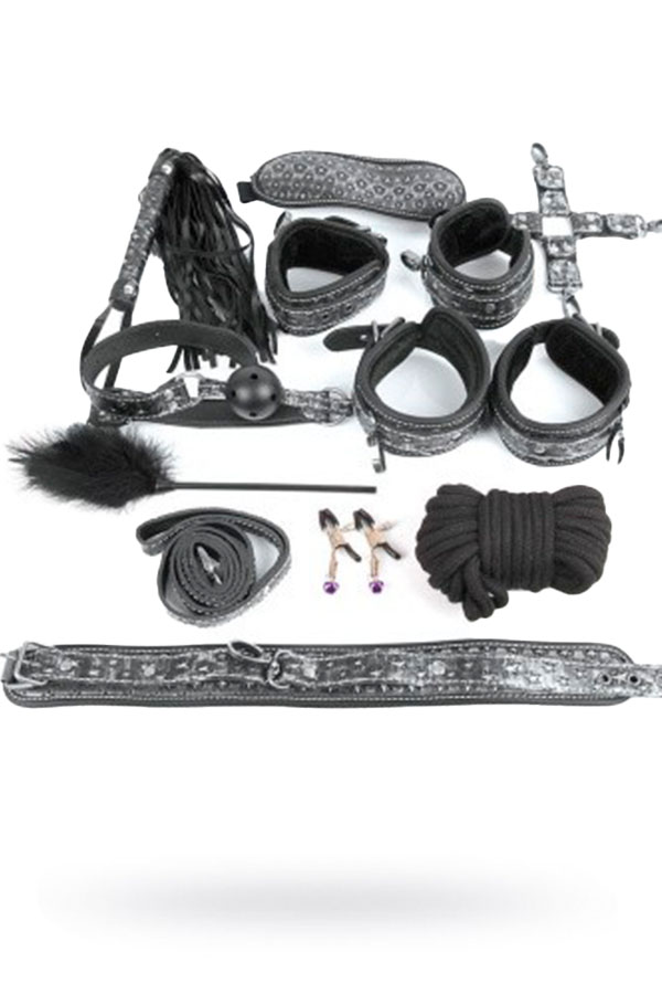 Комплект (наручники, оковы, ошейник с поводком, верёвка, фиксатор, плётка, кляп, маска, зажимы для сосков, щекоталка),серебро (арт. NTB-80470)