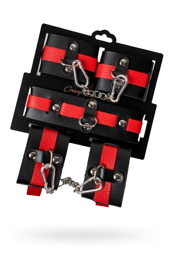Набор из черной кожи с красным ремнем (ошейник, наручники, оковы) (арт. СН-23039)