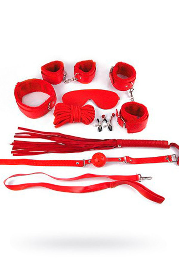 Комплект (наручники, оковы, маска, кляп, плеть, ошейник с поводком, верёвка, зажимы для сосков), красный, PVC, текстиль (арт. NTB-80331)