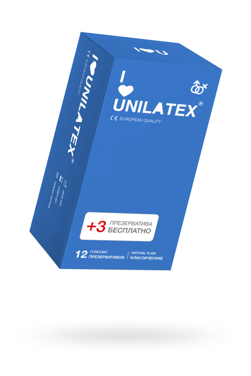 Unilatex Natural Plain презервативы гладкие, 19 см, Ø 5,4 см, 12 шт+ 3 шт Бесплатно (арт. 3013)