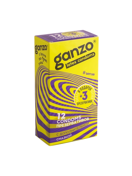 Презервативы Ganzo Sense, тонкие, латекс, 18 см, Ø 5,2, 12 шт+ 3 в подарок (арт. 0701-031)