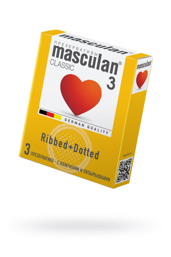 Презервативы Masculan Classic 3 , 19,5 см, Ø 5,3 см, с колечками и пупырышками (Dotty+Ribbed), 3 шт. (арт. 00169)