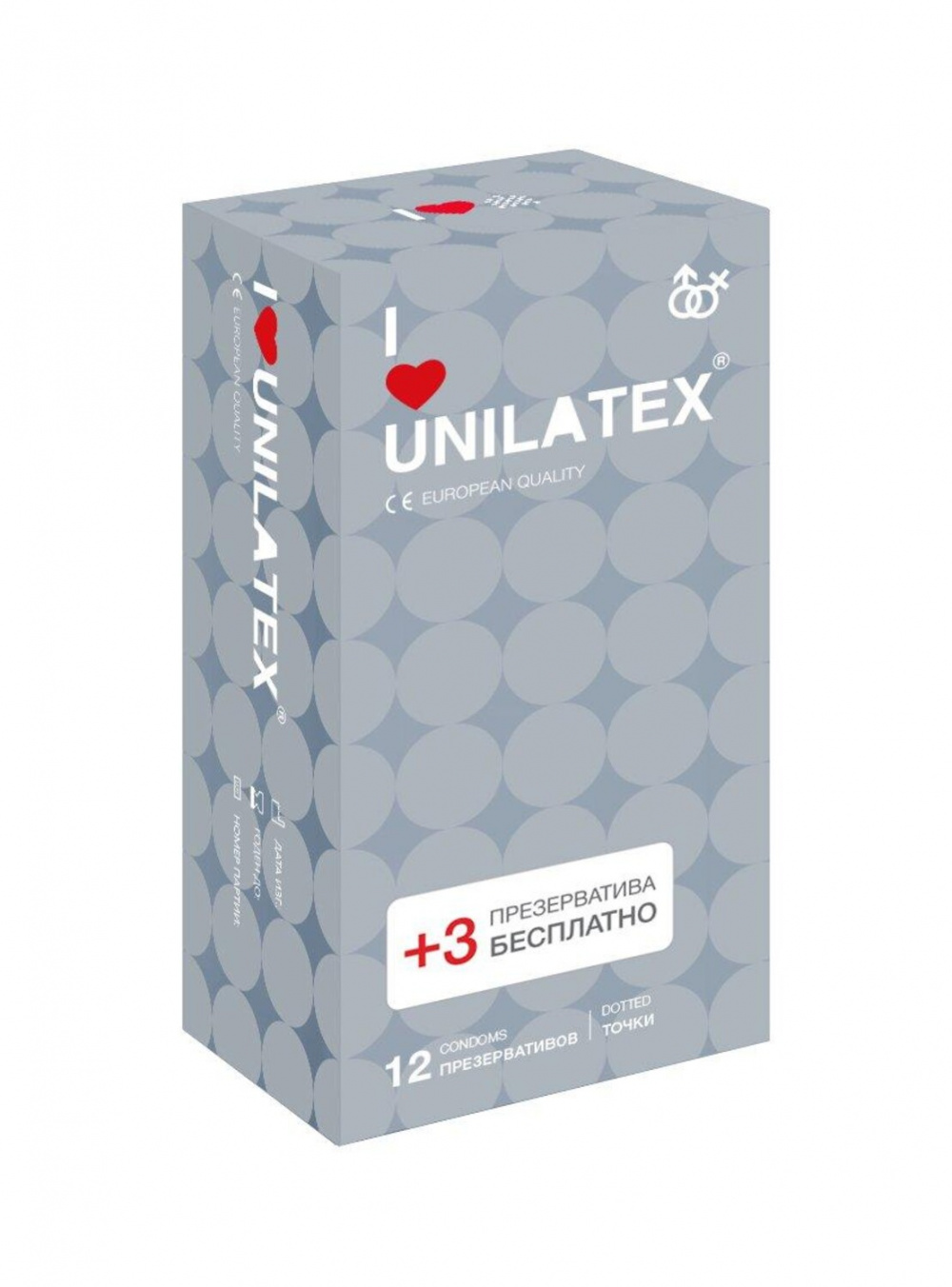Презервативы Unilatex Dotted, латекс, 19 см, Ø 5,4, 12+3 шт. бесплатно (арт. 3020Un)