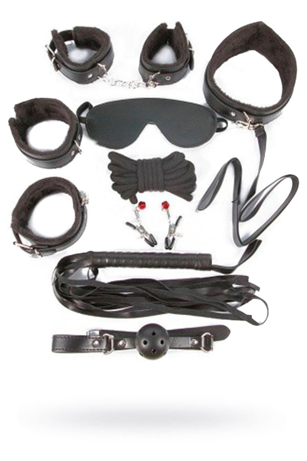 Комплект (наручники, оковы, маска, кляп, плеть, ошейник с поводком, верёвка, зажимы для сосков),чёрный, PVC, текстиль (арт. NTB-80330)