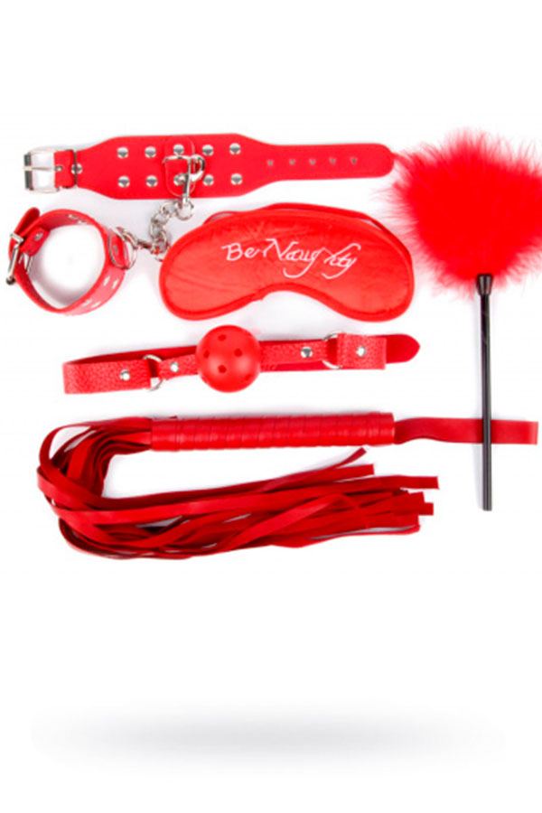 Комплект (наручники, маска, кляп, плеть, щекоталка),красный, PVC, текстиль (арт. NTB-80332)