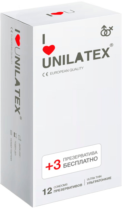 Презервативы Unilatex, ultrathin, латекс, ультратонкие, 19 см, Ø 5,4 см, 12 шт + 3 шт  (арт. 3015)