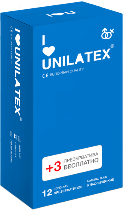 Unilatex Natural Plain презервативы гладкие, 19 см, Ø 5,4 см, 12 шт+ 3 шт (арт. 3013)