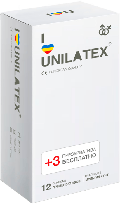 Unilatex Multifruits презервативы гладкие фруктовые 19 см, Ø 5,4, 12 шт + 3 шт (арт. 3014)