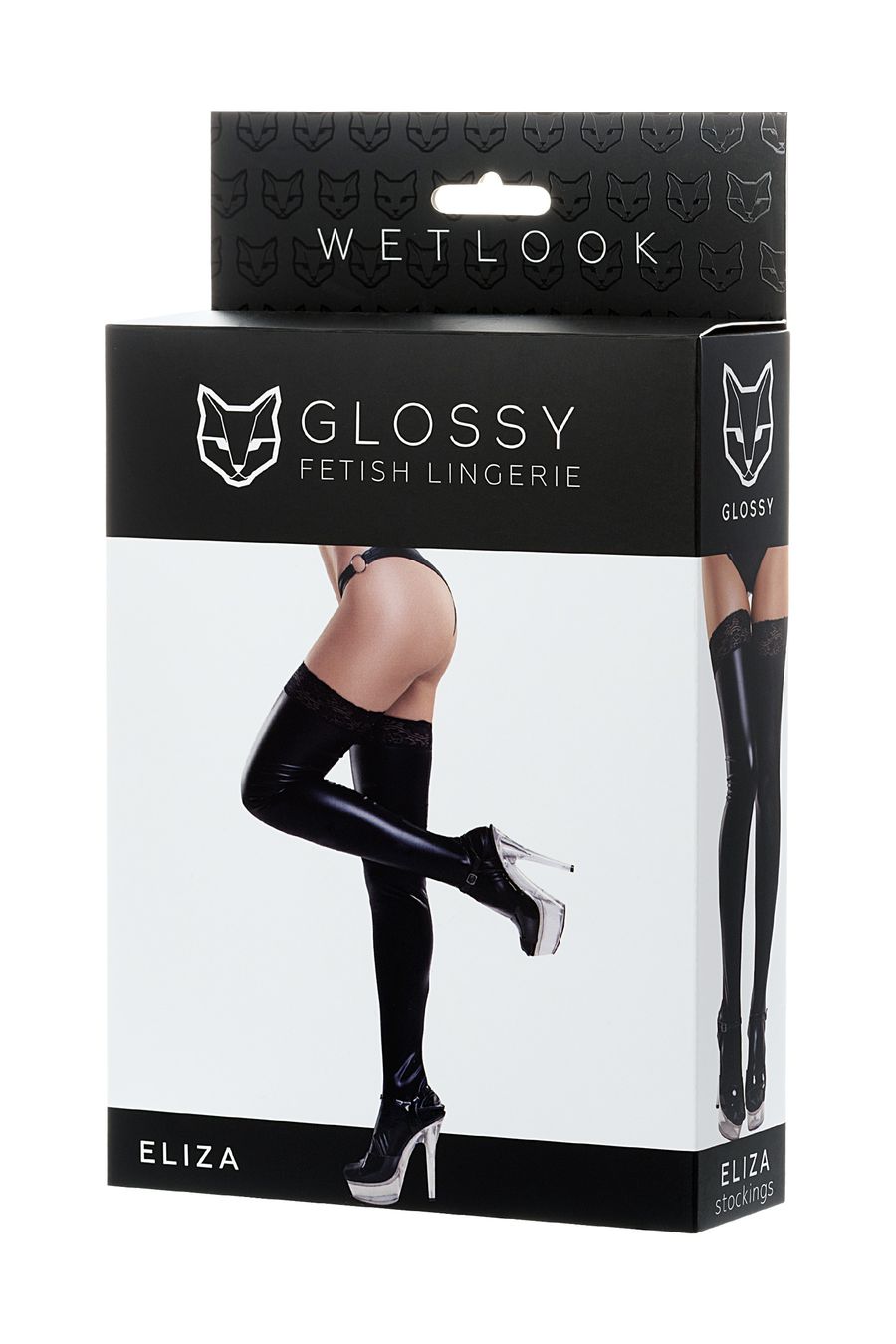 Чулки Glossy из материала Wetlook со вставкой из кружева, черный, S