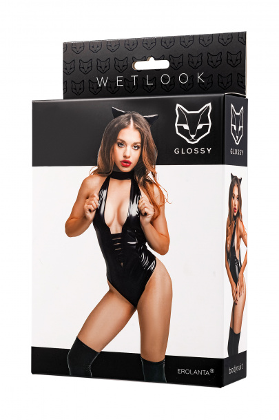Боди Glossy Kitti с ушками на ободке из материала Wetlook, черное, S