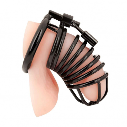 Металлическая черная клетка с замком для сексуальных пыток члена Deluxe Chastity Cage