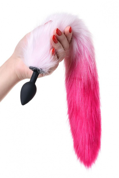 Анальная втулка с бело-розовым хвостом ПОПО Плеже бай Тойфа Эс (POPO Pleasure by Toyfa S), силикон, черная, 45 см, Ø 2,7 см (арт. 731445)