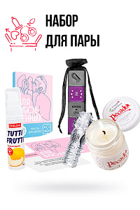 Набор для пар № 004, в составе набора 1 шт.:  Массажная свеча Pecado BDSM, Съедобная гель-смазка TUTTI-FRUTTI, Насадка на палец A-Toys, Кубики и фанты для двоих