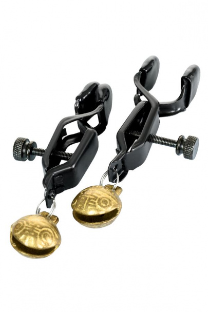 Зажимы для сосков TOYFA Theatre, металл, черный с золотистым колокольчиком (арт. 705001)