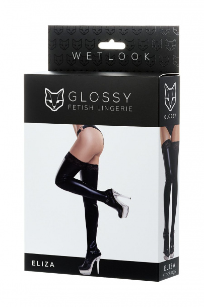 Чулки Glossy из материала Wetlook со вставкой из кружева, черный, S