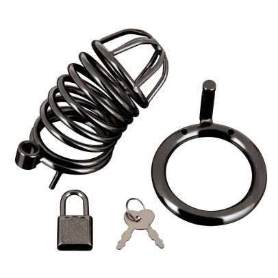 Металлическая черная клетка с замком для сексуальных пыток члена Deluxe Chastity Cage