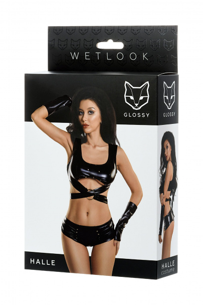 Комплект Glossy HALLE из материала Wetlook (топ, мини-шорты и перчатки), черный, М