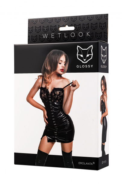 Платье Glossy Nelly с кружевом из материала Wetlook, черное, S