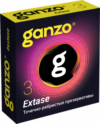 Презервативы Ganzo Extase, с точечно-ребристой поверхностью, анатомической формы, латекс, 18см, 3шт